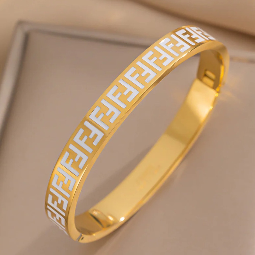 18k Gold Plated Titanium Steel Bracelet Double F Design Bangle White Letter New - Picture 2 of 7